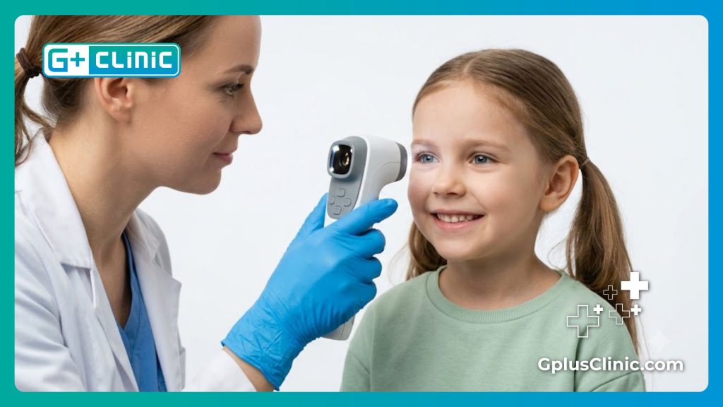 Close-up of a child undergoing precise vision testing with advanced equipment.