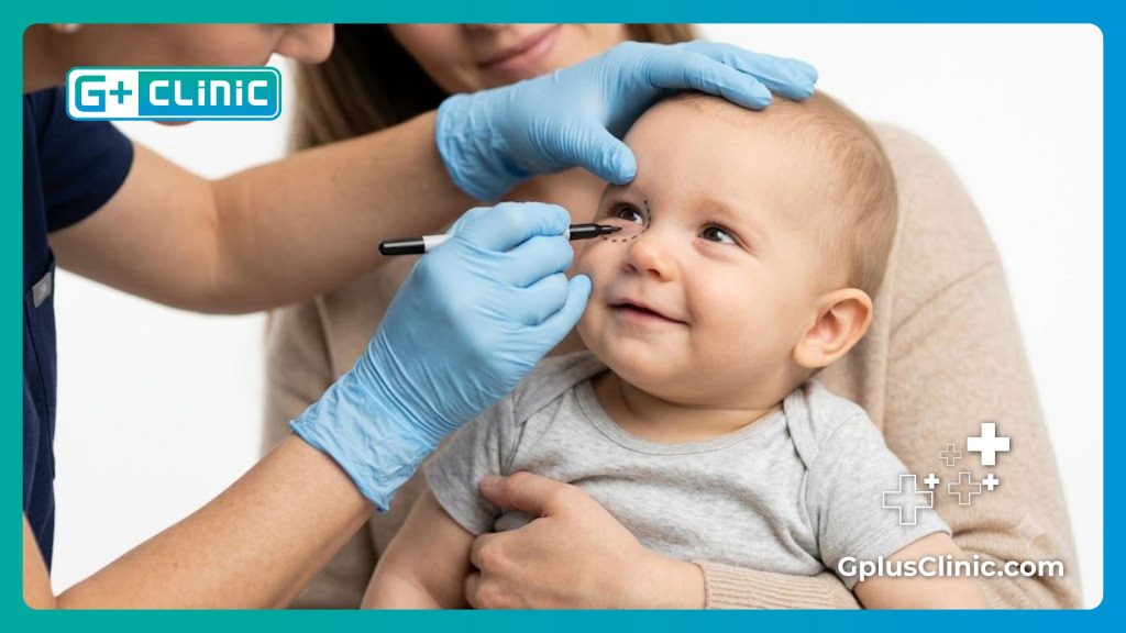 Precise medical focus on baby eye for tear duct procedure