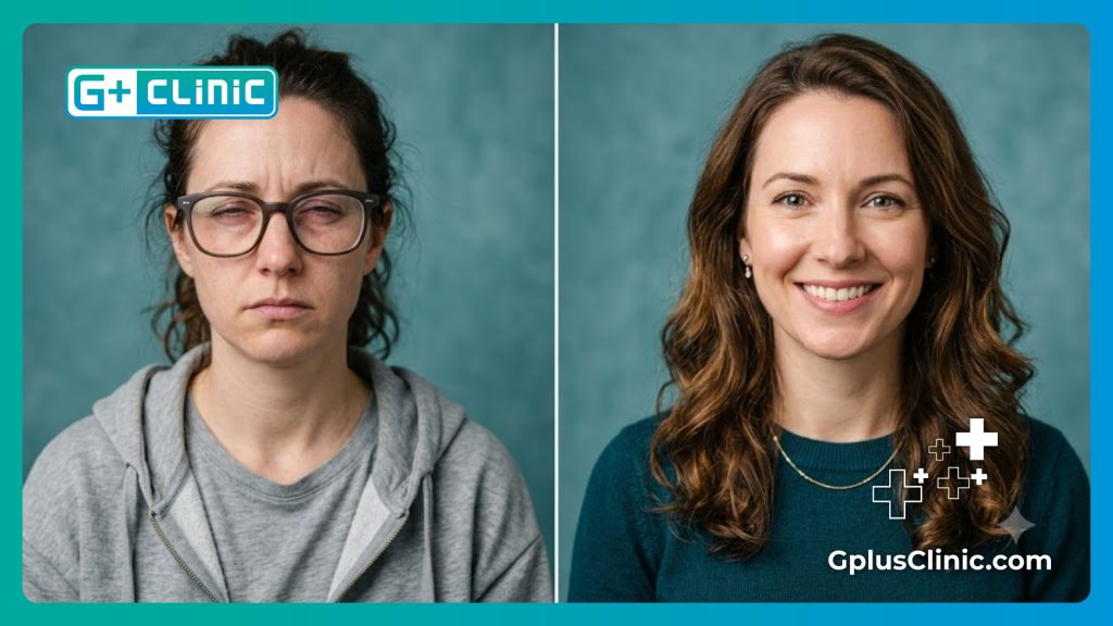 Comparativa de antes y después que refleja la libertad visual obtenida con lentes de contacto permanentes