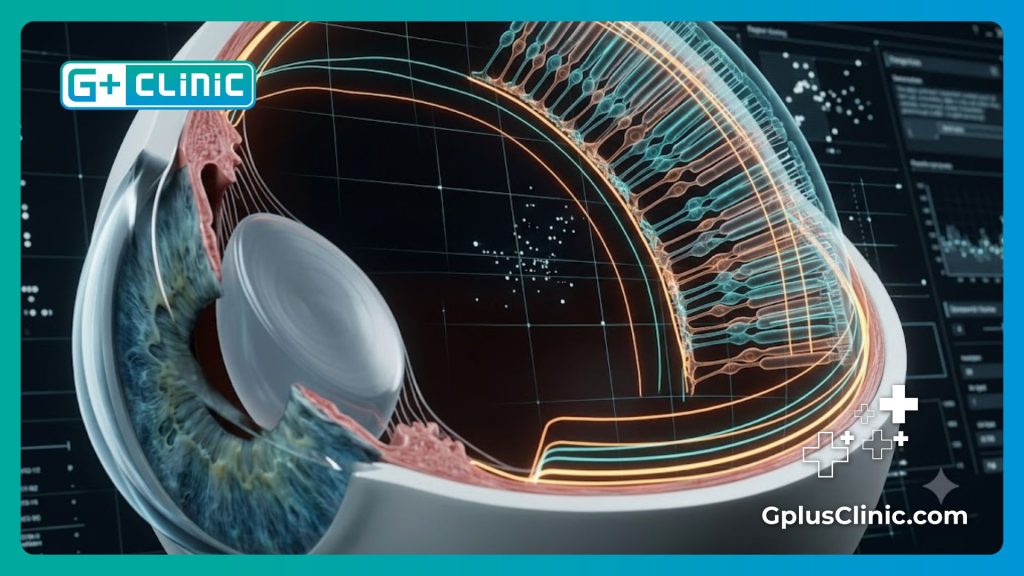 Digital diagnostic scan view highlighting human eye retinal layers mesh with scientific accuracy.
