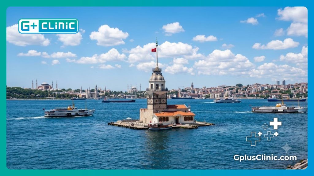 Majestic travel photo of the historic Bosphorus Strait and iconic Maiden Tower skyline in daytime Istanbul.