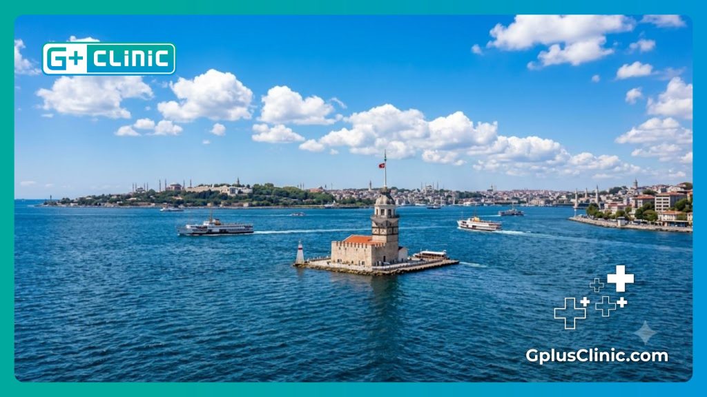 A beautiful high-end travel photo of the historic Maiden's Tower standing in the middle of the Bosphorus in Istanbul.