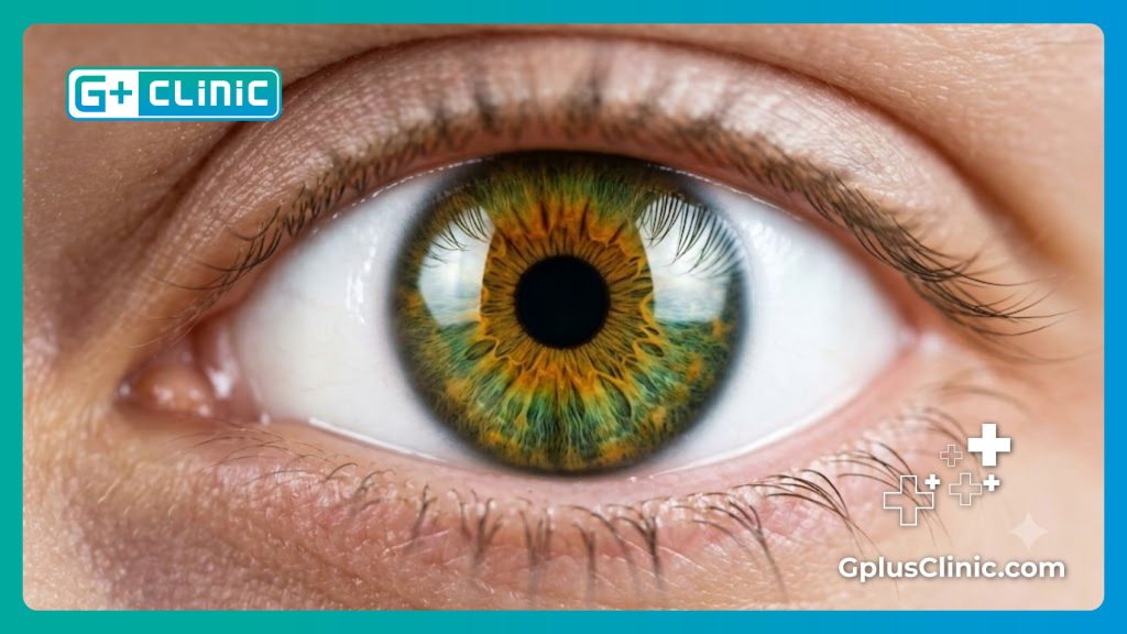 Close-up of a healthy, beautifully colored eye showing a safe outcome.
