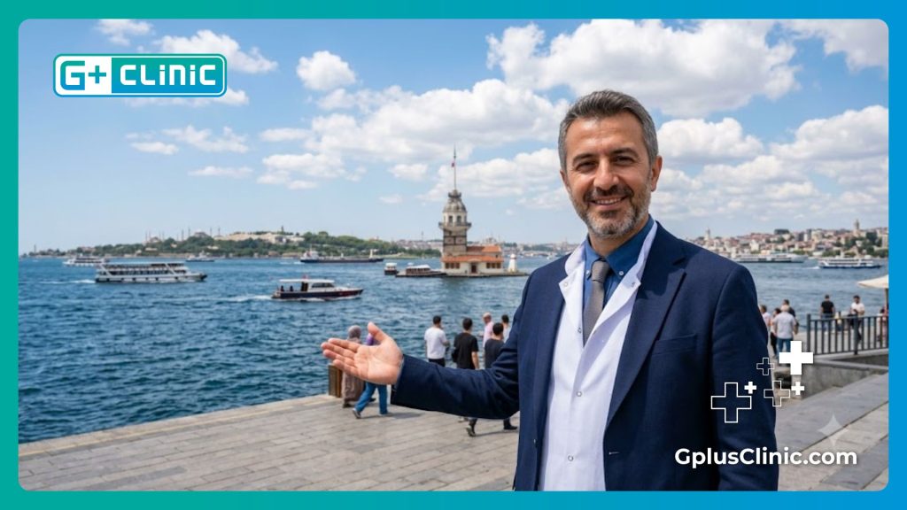 Friendly ophthalmologist welcoming a patient in Istanbul near the Bosphorus.