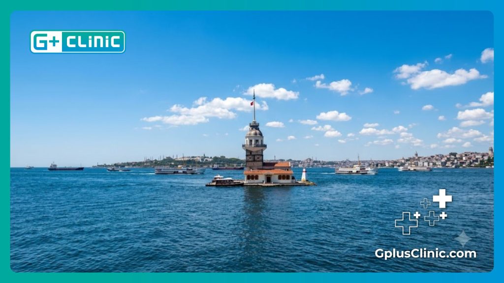 Professional doctor inviting international patients with the scenic Bosphorus of Istanbul in the background.