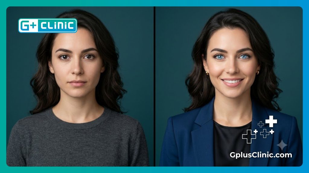 : High-tech digital before and after scan showing eye color transformation.