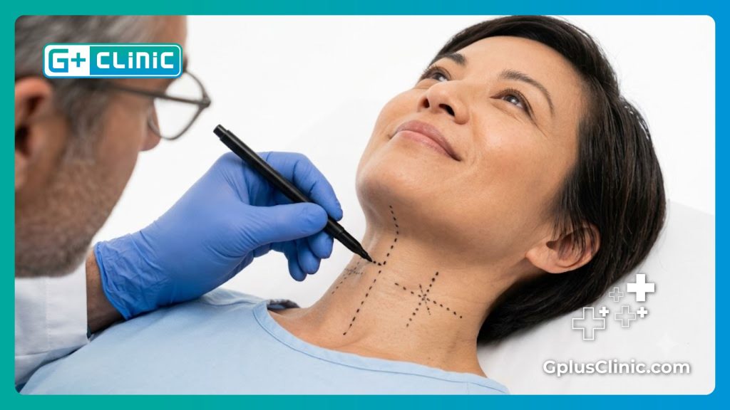 Marquage chirurgical de précision sur le cou d'un patient souriant