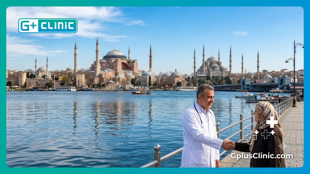 Friendly doctor welcoming the patient to Istanbul with the Blue Mosque in the background.