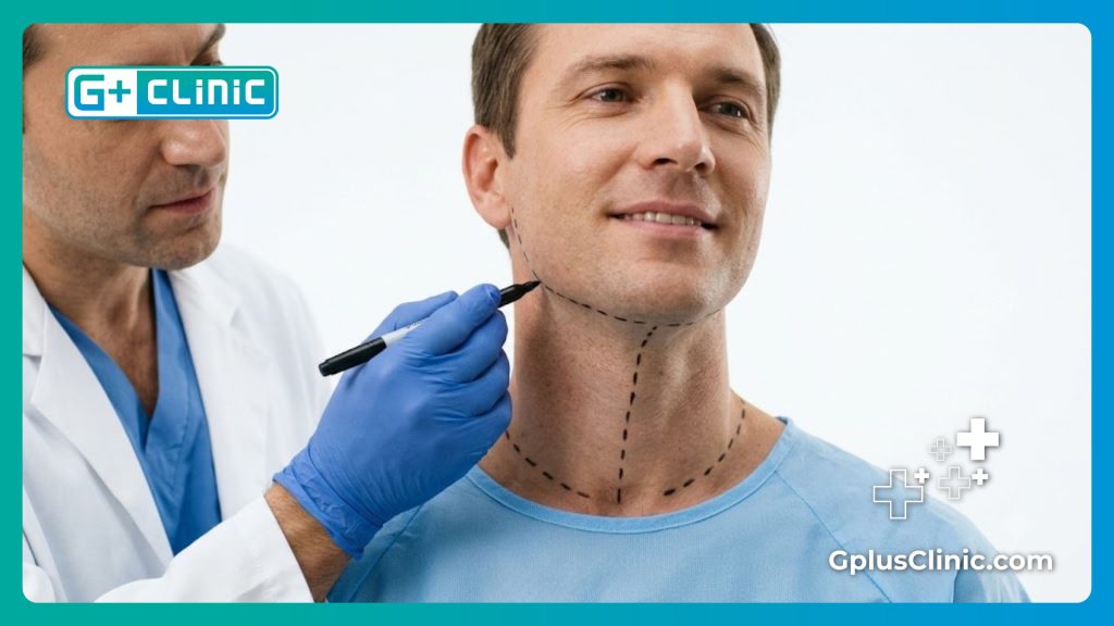 Cirujano marcando cuidadosamente la zona del cuello del paciente antes del procedimiento.