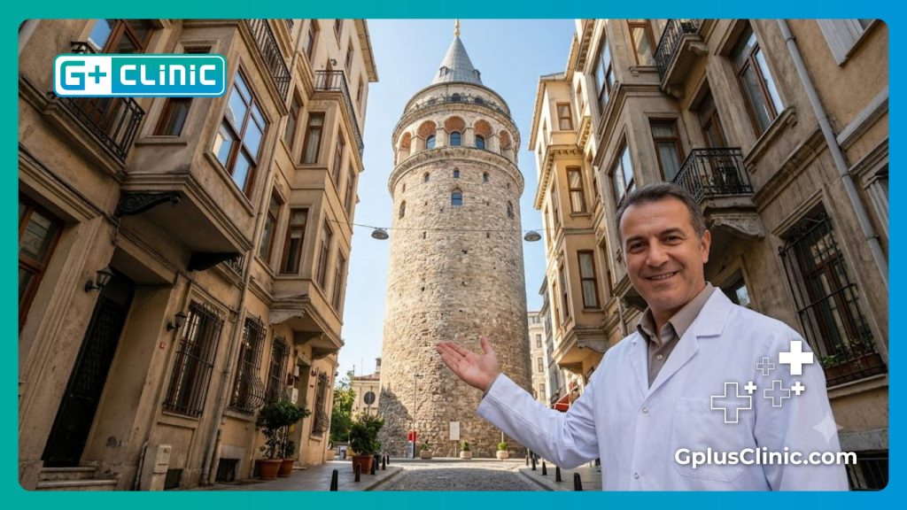 Доктор приветствует пациента в Стамбуле на фоне башни Галата.