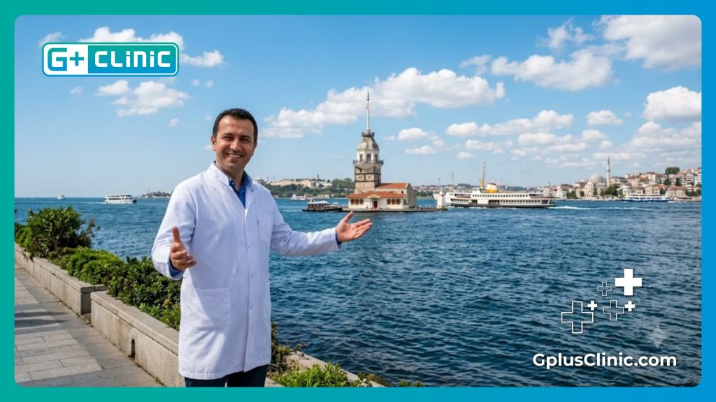 Doctor dando la bienvenida a los pacientes en Estambul, frente al Bósforo.