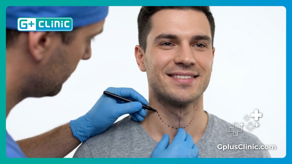 Close up of surgeon marking the neck area for precise voice pitch lowering
