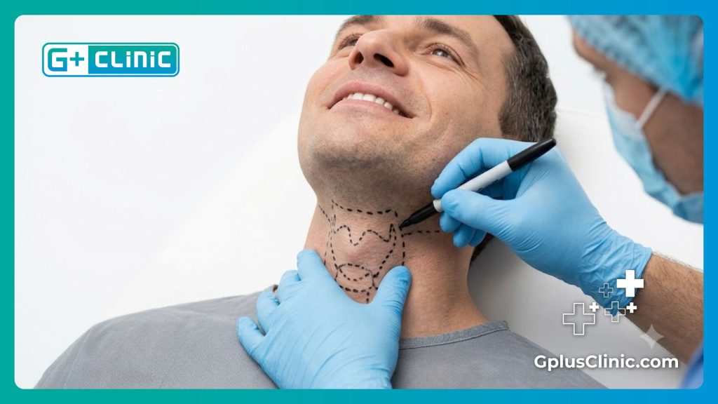 Repérage chirurgical précis sur le cou du patient avant l'intervention.