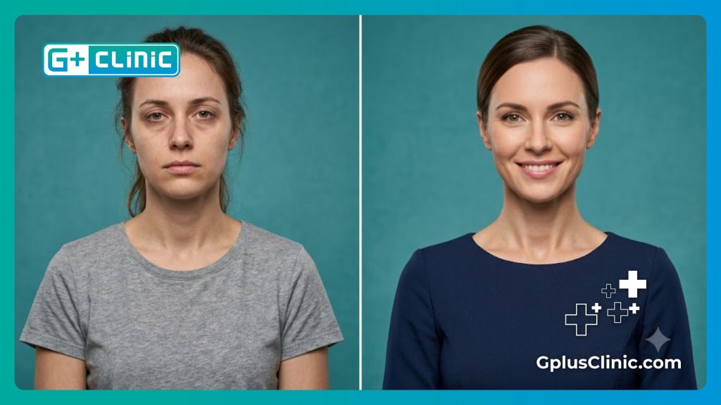 Comparaison visuelle avant et après montrant la confiance du patient suite à l'intervention.