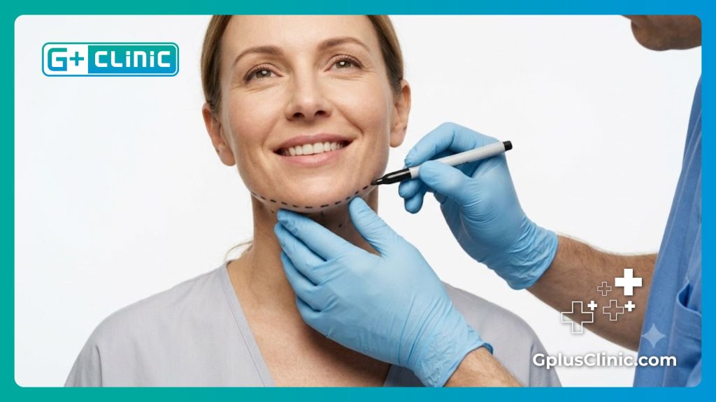 Chirurgien traçant des lignes de précision médicale sur le cou d'un patient souriant.