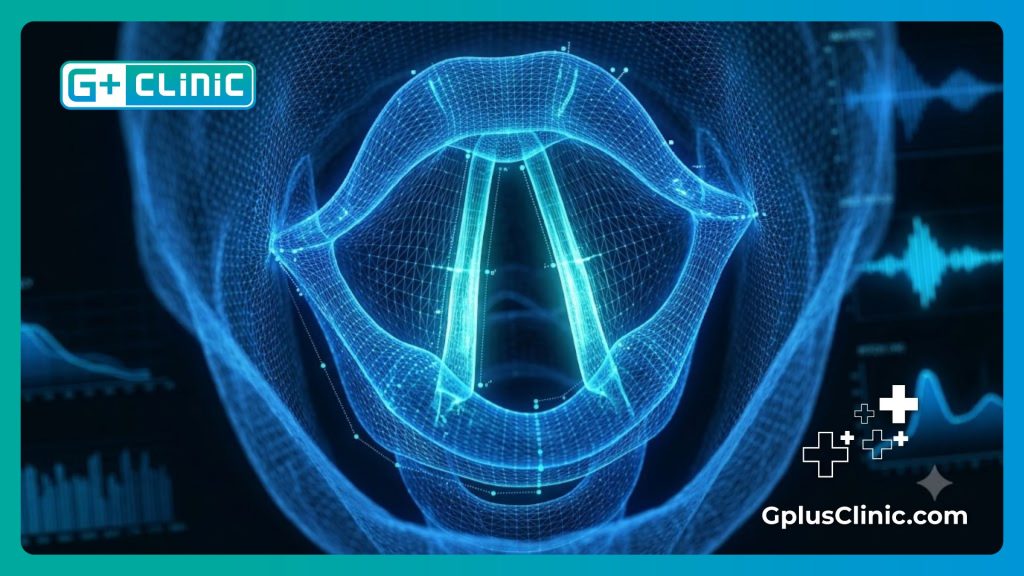 مسح رقمي ثلاثي الأبعاد يوضح تشريح الحنجرة والأحبال الصوتية بدقة عالية.