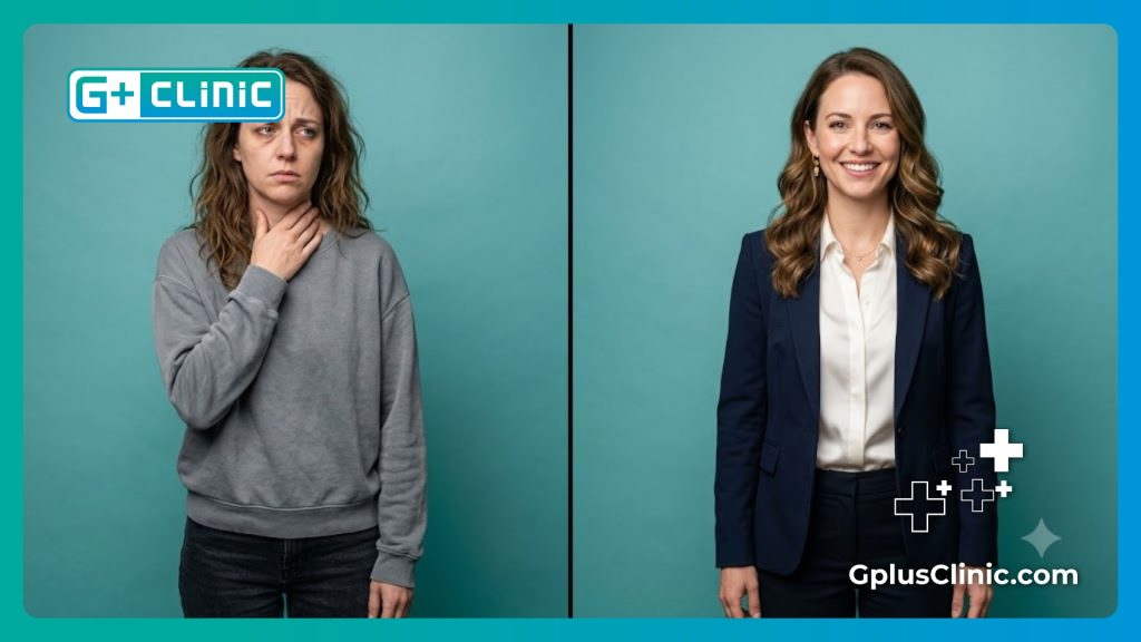 Split screen comparison showing confidence and transformation after voice procedure.