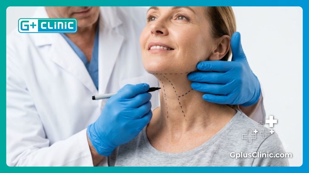 Surgeon applying precise surgical markings on patient throat area.