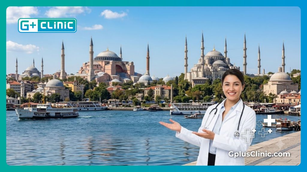 Friendly doctor welcoming a patient with beautiful Istanbul landmarks in the background.