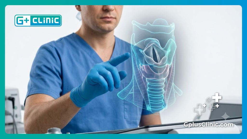 High-tech digital 3D holographic mesh visualization of the vocal anatomy.