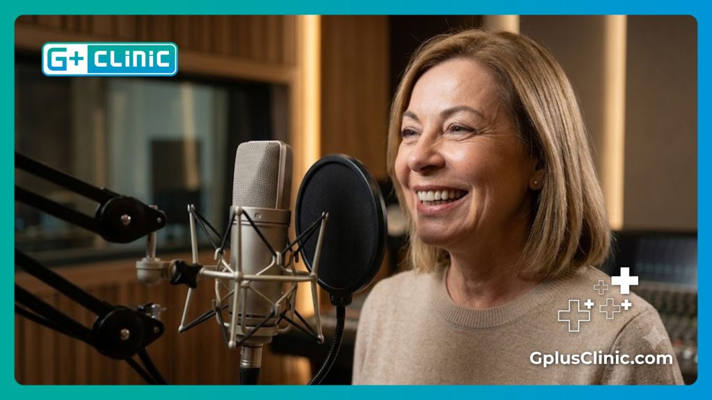 Patient souriant et confiant parlant dans un microphone après une transformation réussie.