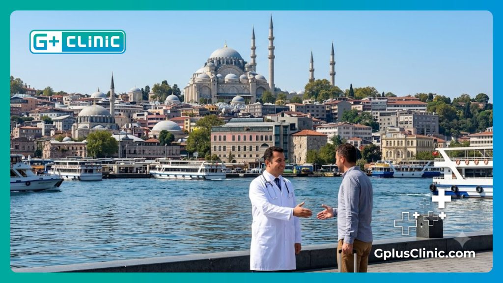 Médecin accueillant chaleureusement un patient à Istanbul avec une vue magnifique sur la ville.