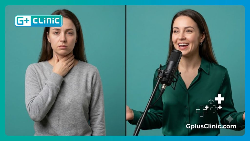 Split-screen showing the perfect transformation and confidence after a successful voice procedure.