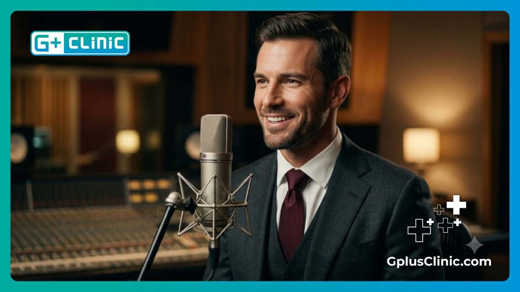Confident man speaking into a microphone showing the flawless surgical outcome