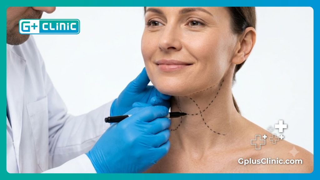 Close-up of a surgeon marking the laryngeal area on the patient's neck for flawless results