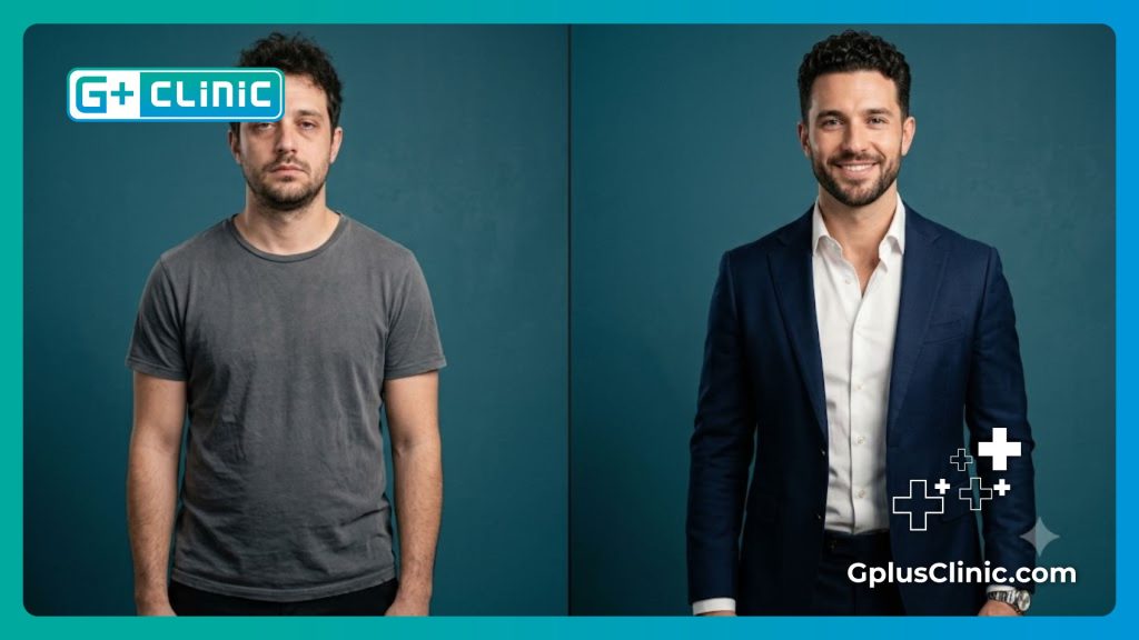Split-screen showing the increased confidence and masculine profile of the same man