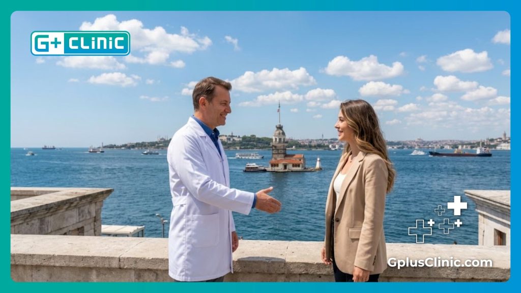 Friendly surgeon welcoming patient to Istanbul with a Bosphorus view