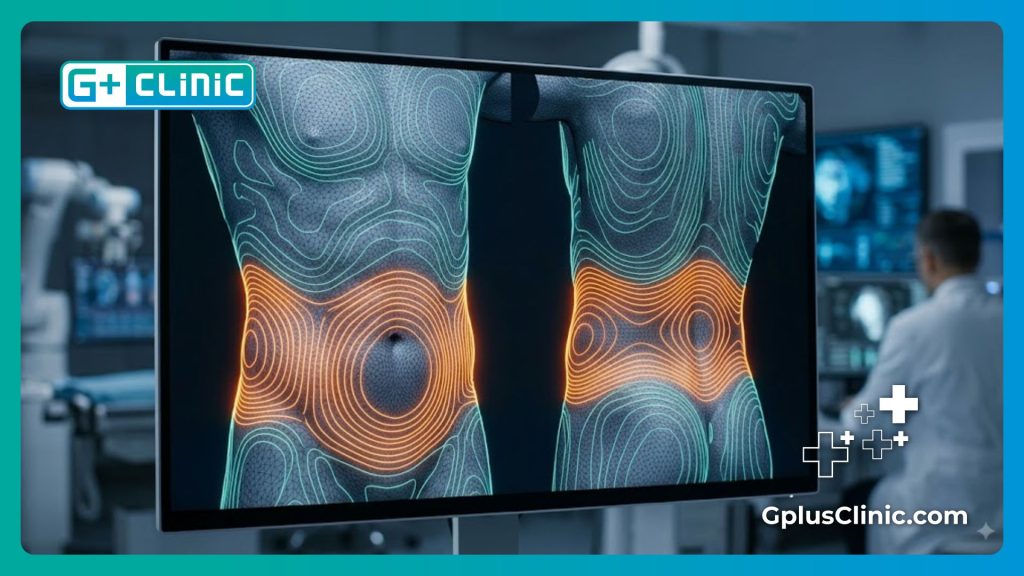 Digital 3D surface scan mapping precision target areas for abdomen and back fat removal.
