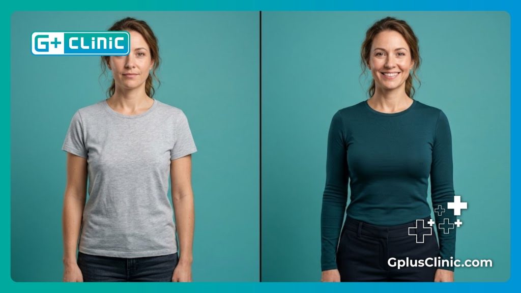 Comparaison avant et après illustrant une symétrie mammaire naturelle et harmonieuse.