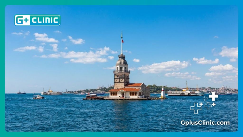 Scenic view of Maiden's Tower in Istanbul representing medical tourism for cosmetic surgery.