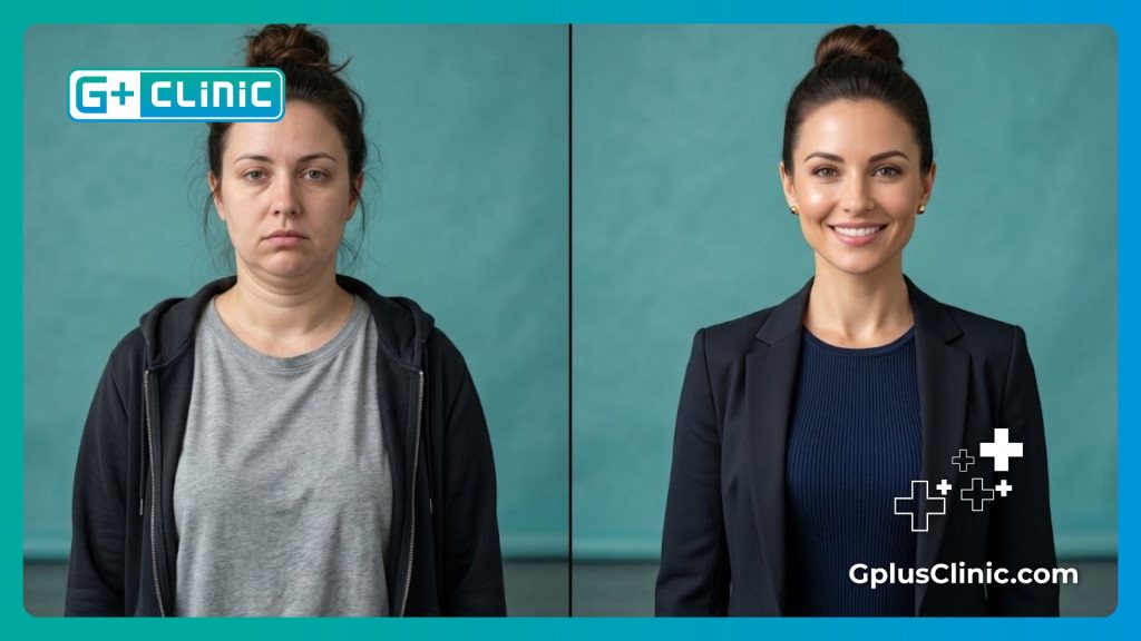 Comparaison avant et après d'une intervention sur le double menton.