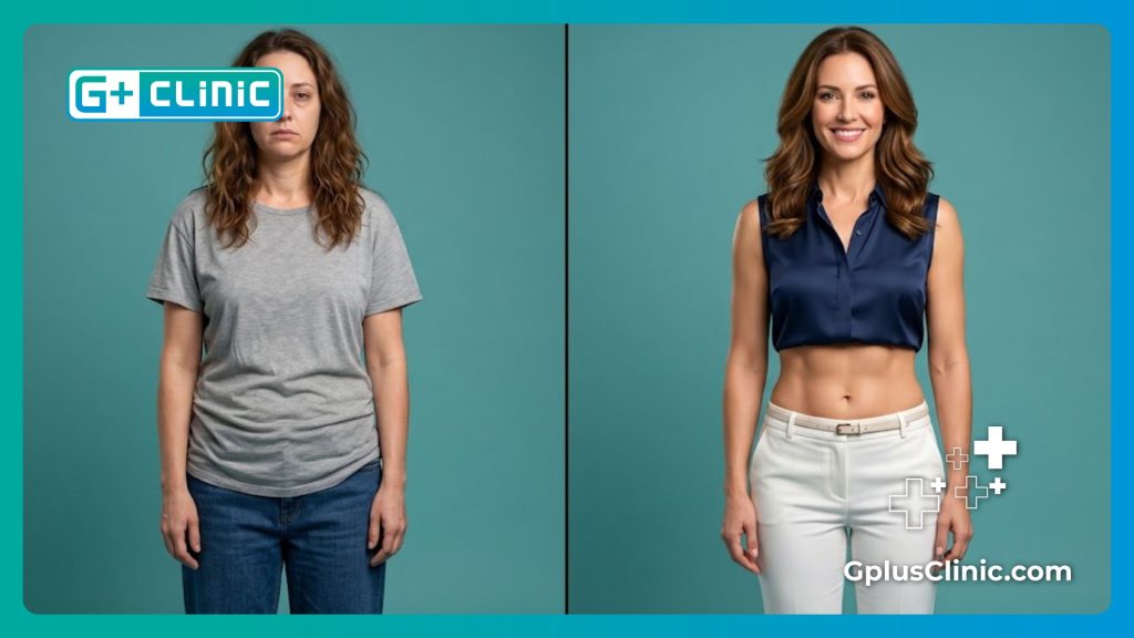 Avant et après le traitement de raffermissement de la peau sur l'abdomen du patient.