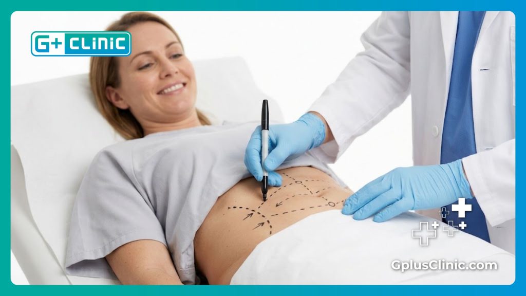 Marquages chirurgicaux précis sur l'abdomen avant le traitement