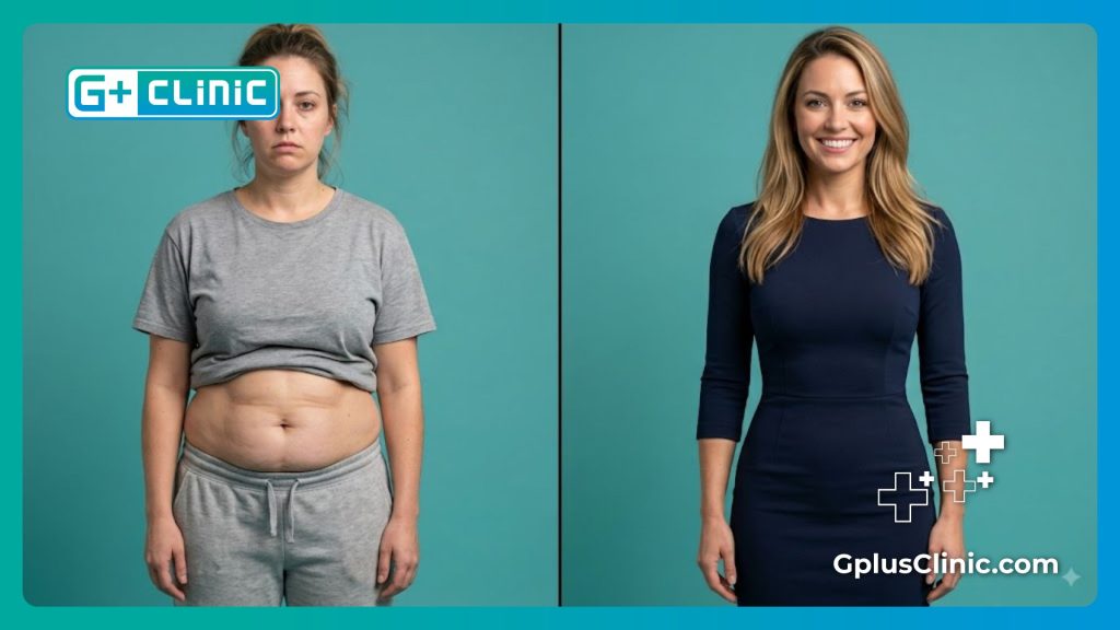 Split-screen comparison showing effective body contouring and tight skin results.