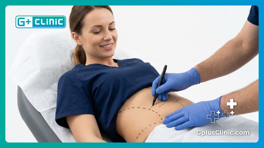 Plastic surgeon drawing precise surgical planning lines on patient's skin before body lift.