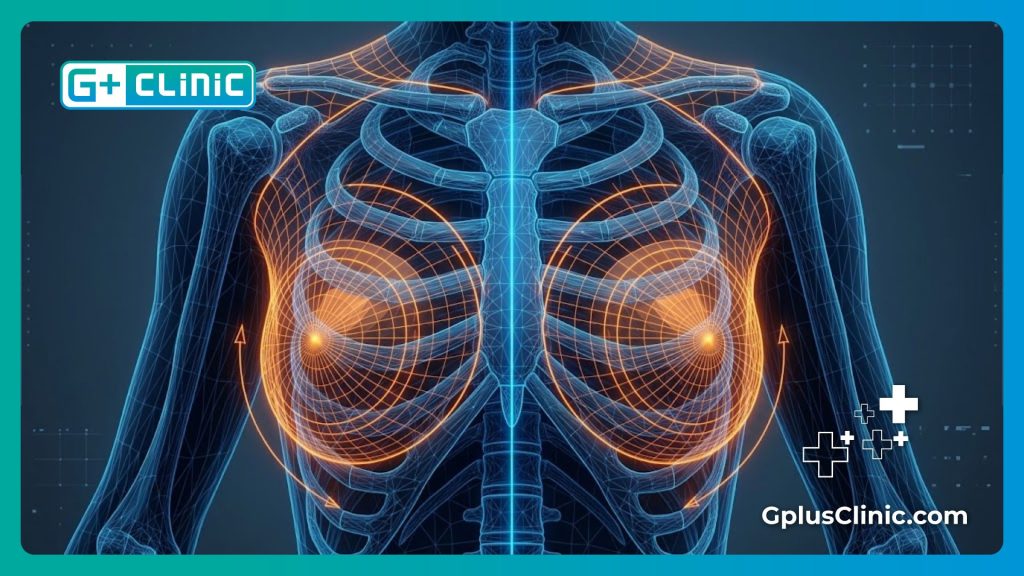 High-tech digital medical visualization of the chest and breast anatomy.