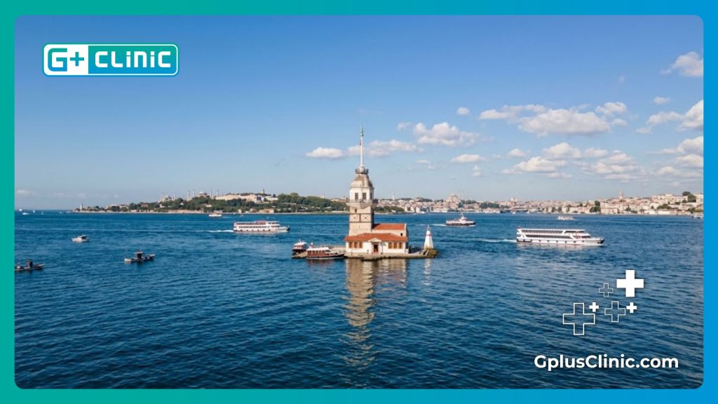 Sunny daytime view of the Bosphorus Strait and Maiden's Tower in Istanbul.