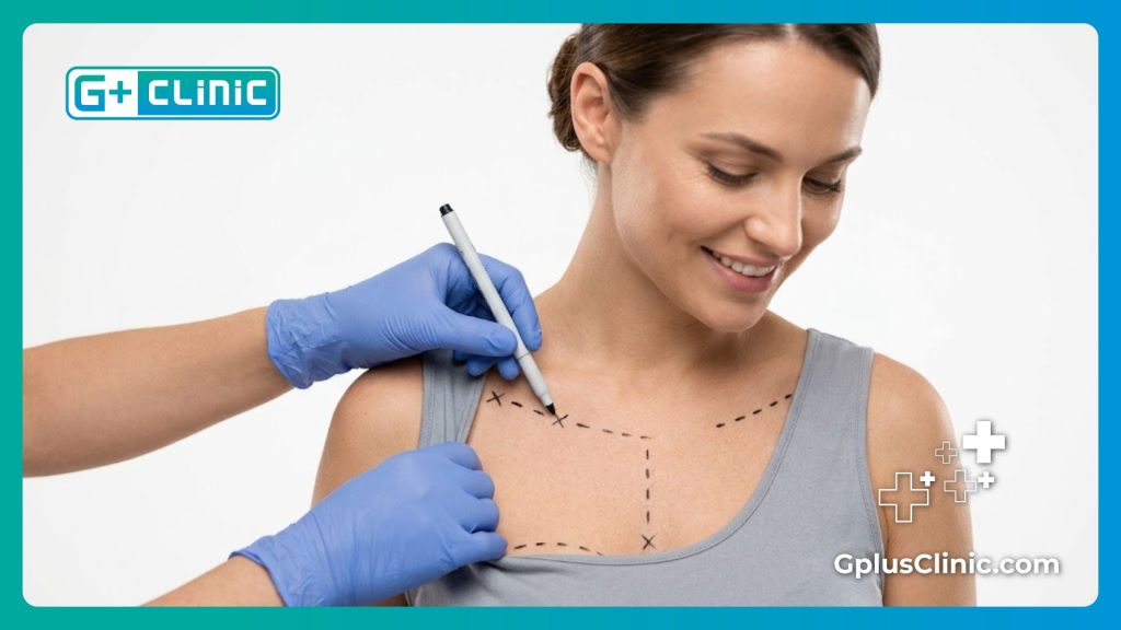 Precise medical markings on the upper torso before cosmetic surgery