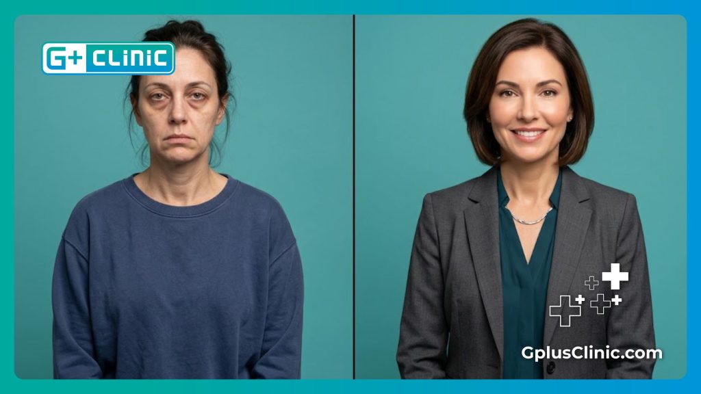 Pantalla dividida que muestra el increíble cambio antes y después del relleno bajo los ojos.