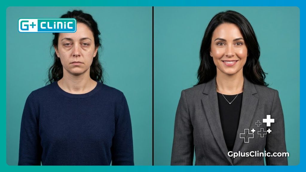 Split screen comparison of hooded eyes before and lifted eyelids after treatment