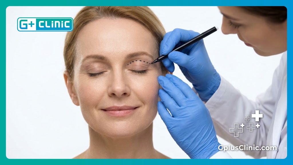 Close up of specialist marking guidelines on upper eyelids for precise rejuvenation