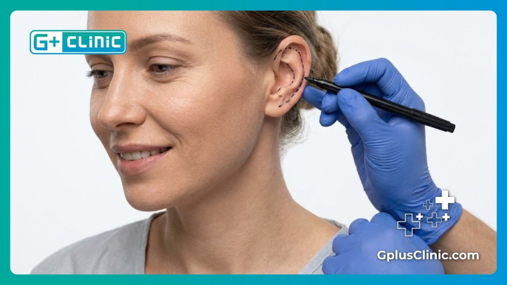 Doctor carefully marking the ear anatomy for precise surgical results