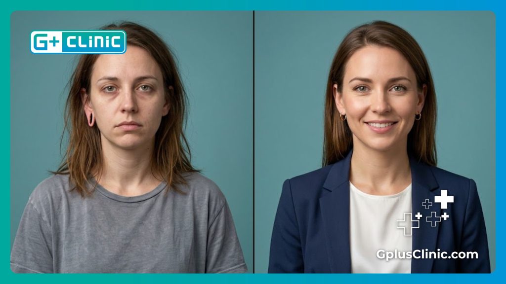 Before and after split-screen showing successful earlobe repair surgery.