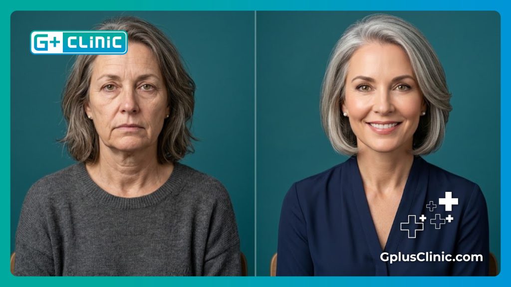 Comparaison visuelle avant et après d'un rajeunissement facial et cervical