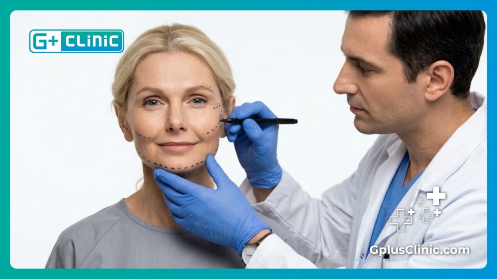 Marcas quirúrgicas precisas en el rostro del paciente
