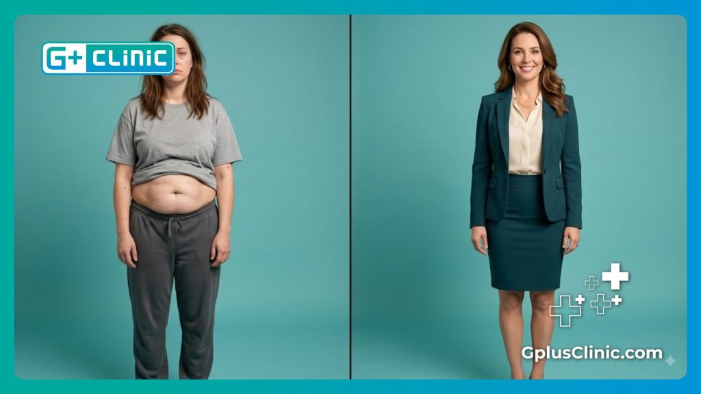 Before and after comparison of full tummy tuck transformation